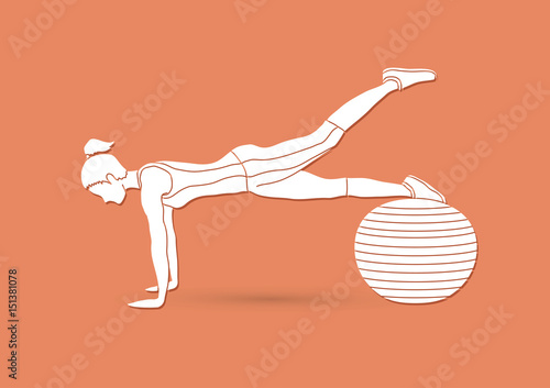 Woman exercising fitness swiss ball, female with pilates ball graphic vector