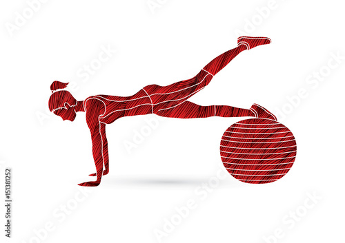 Woman exercising fitness swiss ball, female with pilates ball designed using grunge brush graphic vector