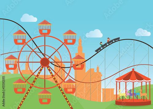Amusement park in flat colorful with the Ferris wheel .