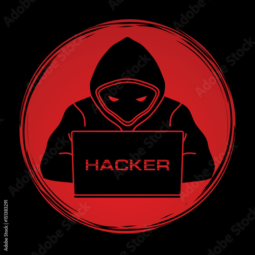 Hacker working on laptop designed on grunge circle background graphic vector.