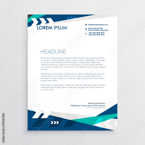 letterhead design with blue geometric shapes and arrow