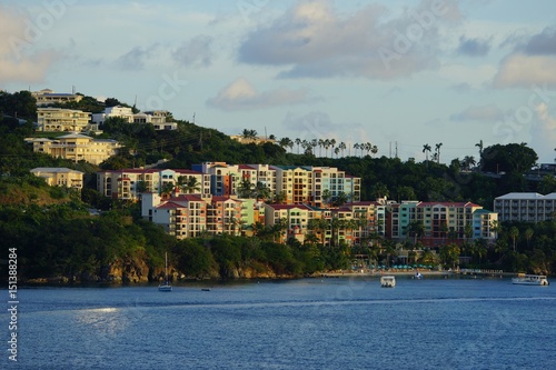 Evening view of colorful buildings in Prince Ruperts Cove, St. Thomas, USVI.