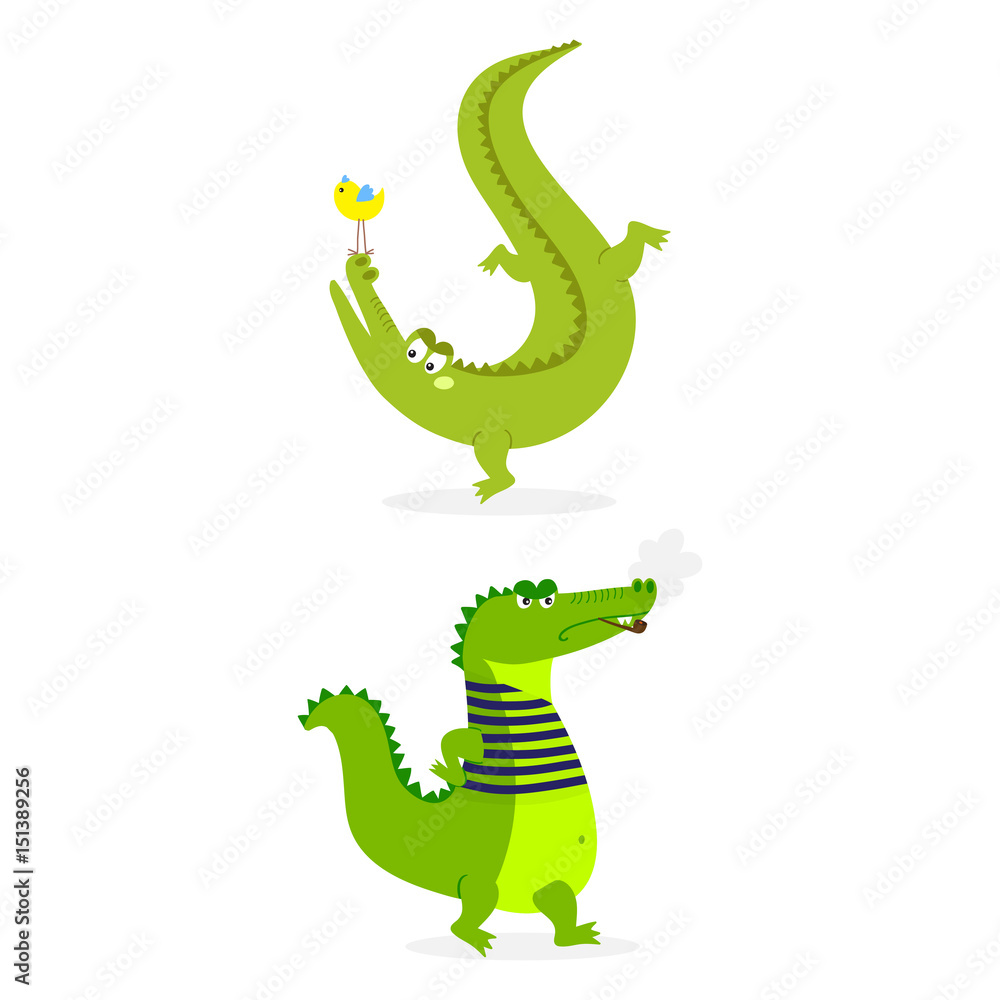 Obraz premium Cartoon green crocodile funny predator australian wildlife river reptile alligator flat vector illustration.