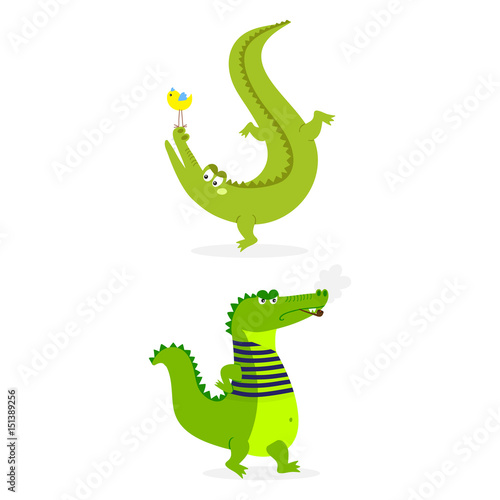 Cartoon green crocodile funny predator australian wildlife river reptile alligator flat vector illustration.