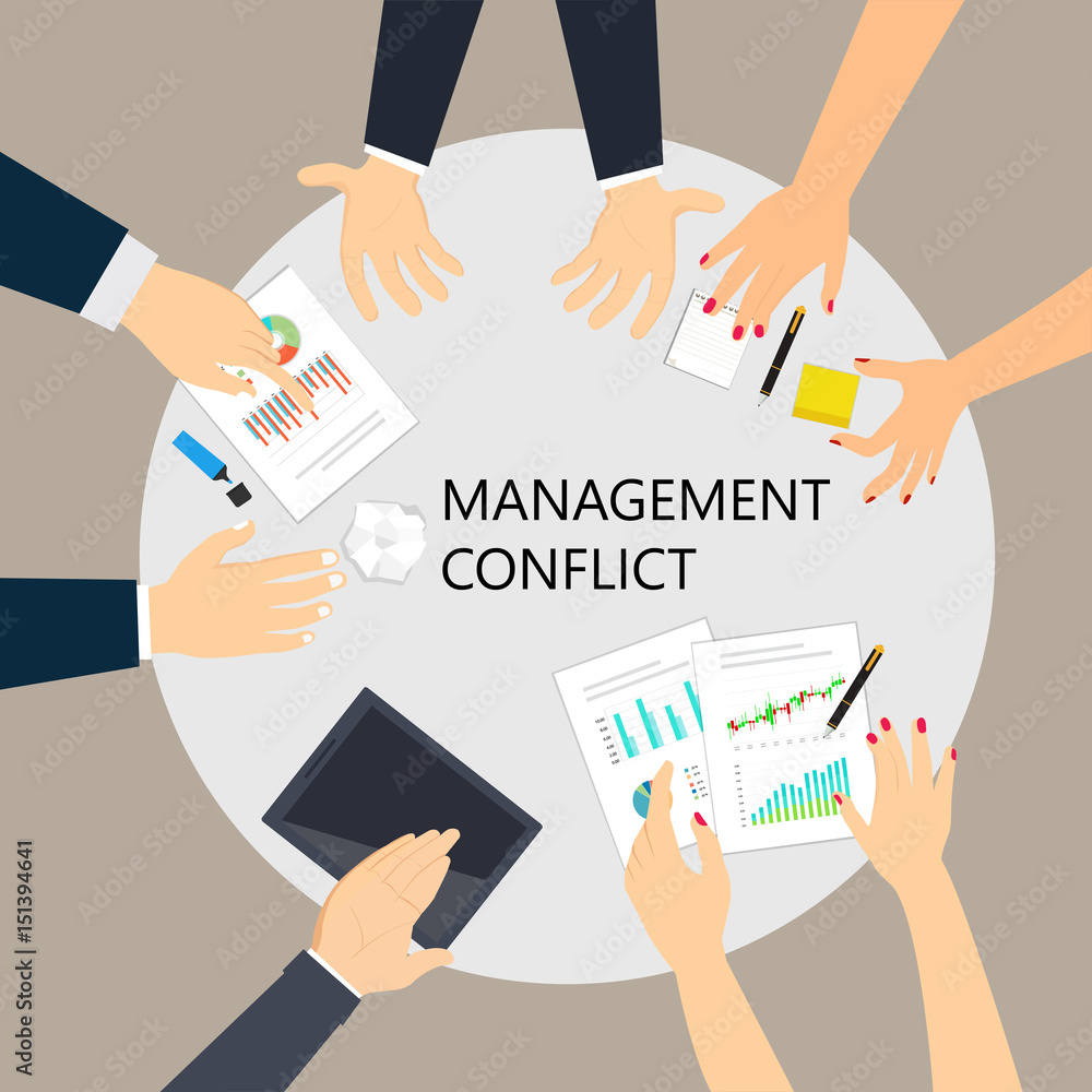 management conflict workplace in a meeting illustration with money, paperworks and coins on top of table management conflict workplace in a meeting illustration with money, paperworks and coins on top of table