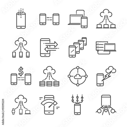 Big data and data transfer vector line icon set. Included the icons as
 cloud, storage, computing, mobile data transfer and more. 