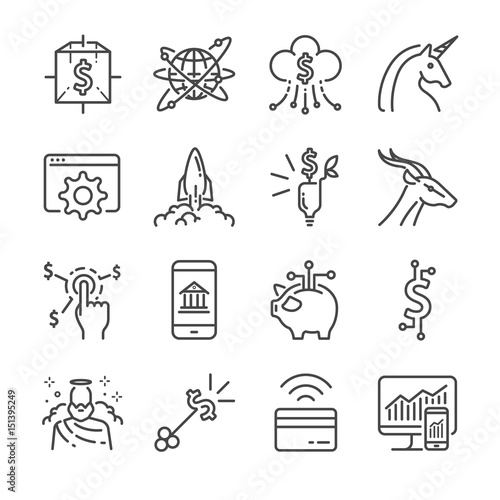 Fintech and Startup vector line icon set. Included the icons as unicorn, fintech, finance app, cryptocurrency and more.