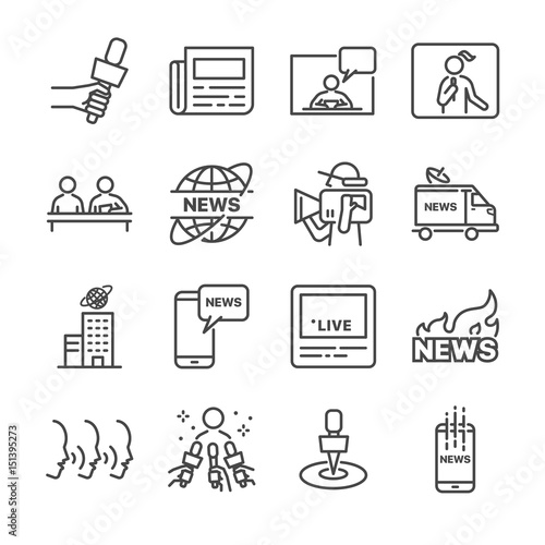 News vector line icon set.  Included the icons as
 news, newspaper, reporter, social media live and more. 