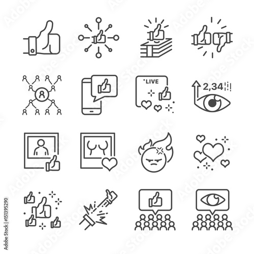 Social network vector line icon set.  Included the icons as
 like, live broadcasting, share, number of views and more. 