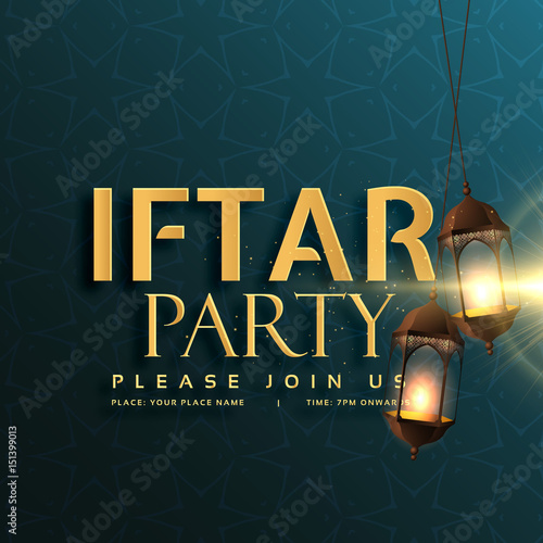 iftar party invitation card design with hanging lamps