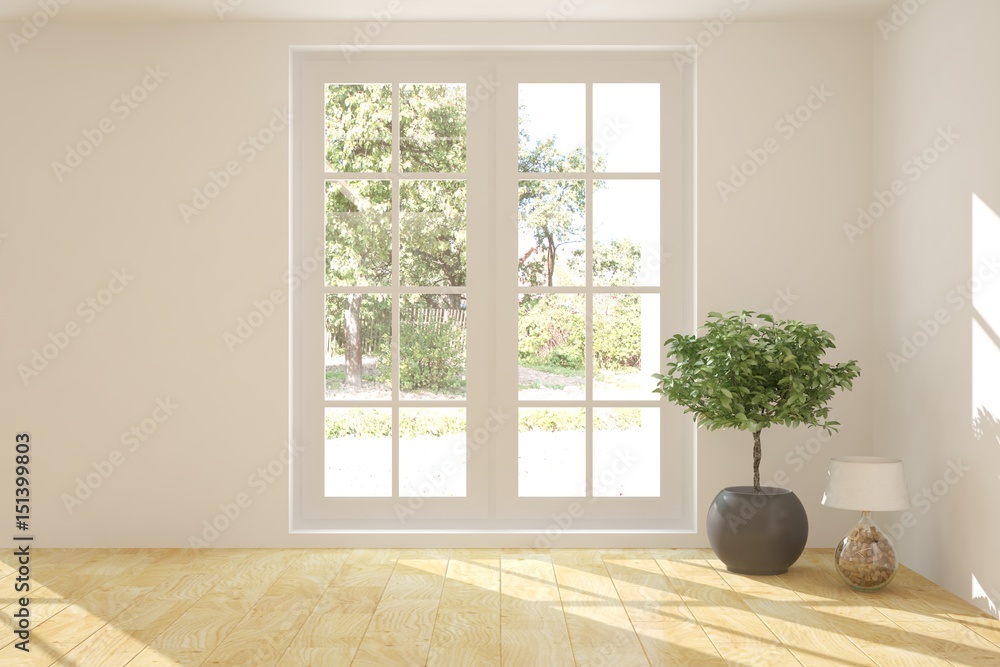 Fototapeta premium White empty room with green landscape in window. Scandinavian interior design. 3D illustration