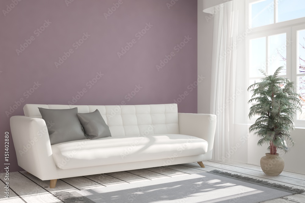 Obraz premium White modern room with sofa. Scandinavian interior design. 3D illustration