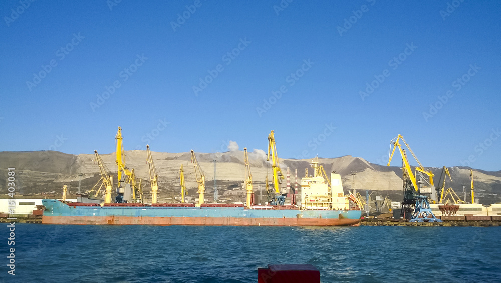 Port landscape. View of the industrial port. The sea, port crane