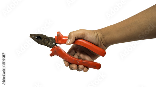Male hand hold a red pliers isolated over white background