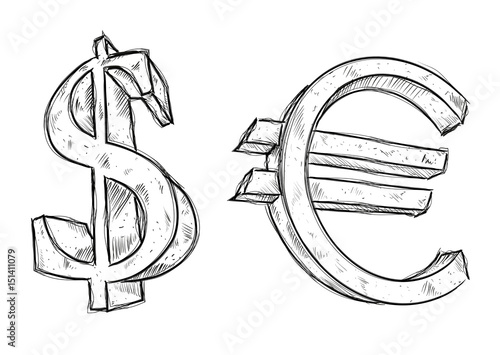 Sketch. Dollar and euro on a white background