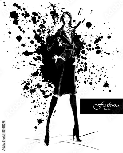 Fashion girl in sketch-style. Vector illustration with blots and splashes.