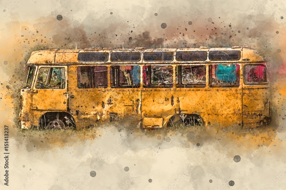 Obraz Żółty retro autobus, rocznik. Malowanie akwareli.