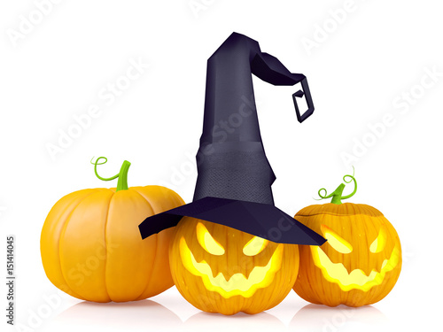 Halloween pumpkin, Jack O'Lantern, wearing witch hat isolated on white background, 3D rendering