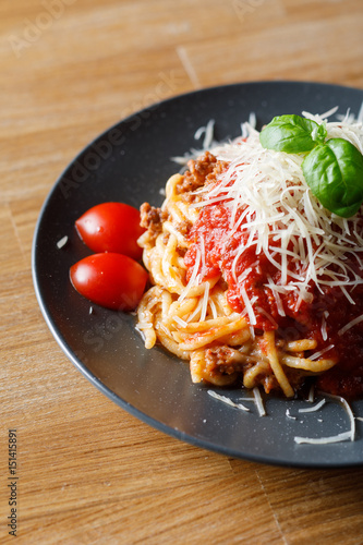Close-up view of delicious pasta with tomato and meat