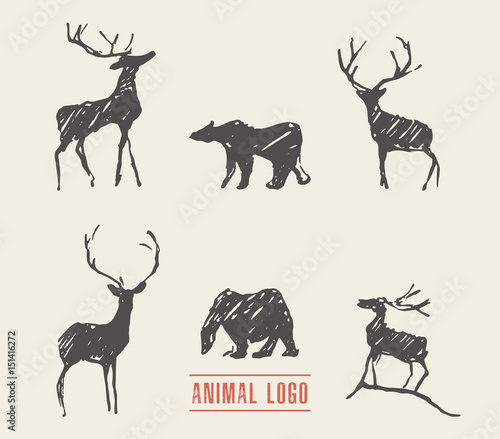 Drawn deers bears logotype vector illustration