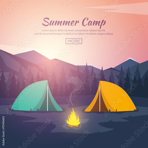 Summer camp. Evening Camp, Pine forest and rocky mountains. Sunset in the mountains. Climbing, Trekking, Hiking, Walking. Campfire. Nature landscape.