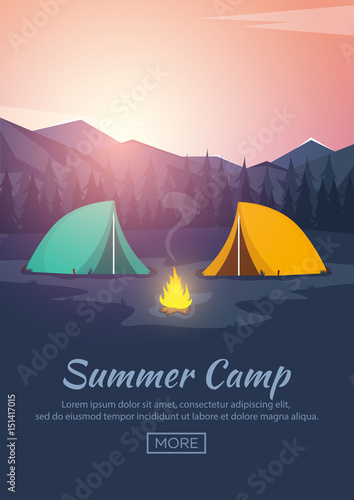 Summer camp. Evening Camp, Pine forest and rocky mountains. Sunset in the mountains. Climbing, Trekking, Hiking, Walking. Campfire. Nature landscape.