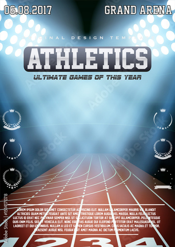 Sporting poster of athletics. Arena and spotlights with text and signs. Affiche and announcement. Editable Vector Illustration.