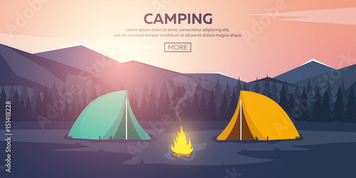 Summer camp. Evening Camp, Pine forest and rocky mountains. Sunset in the mountains. Climbing, Trekking, Hiking, Walking. Campfire. Nature landscape.