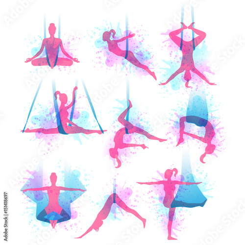 Aero yoga watercolor icons. Vector illustration.