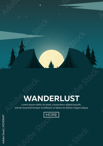 Summer camp. Night Camping. Campfire. Pine forest and rocky mountains. Starry night and moonlight. Nature landscape.
