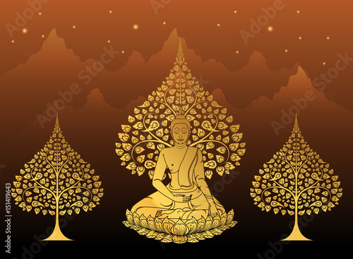 Buddha and Bodhi tree gold color of thai tradition,vesak day