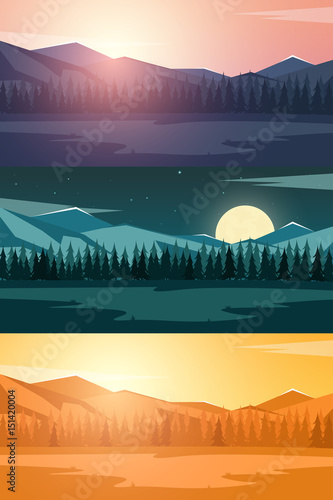 Set of Nature mountains landscape. Rocky mountains and pine forest. Evening.