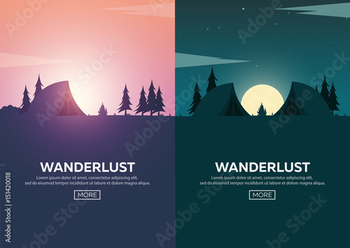 Summer camp. Evening Camp, Pine forest and rocky mountains. Sunset in the mountains. Climbing, Trekking, Hiking, Walking. Campfire. Nature landscape.