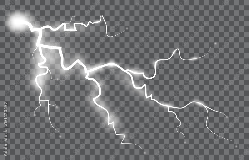 Realistic vector lightning on checkered background. Bright, electric lightning. Realistic vector lightning on checkered background. Bright, electric lightning.