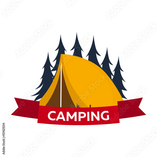 Summer camp. Evening Camp, Pine forest and rocky mountains. Sunset in the mountains. Climbing, Trekking, Hiking, Walking. Campfire.