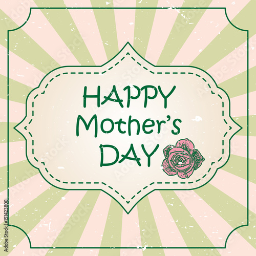 Happy Mother's Day concept with pink rose flower and lettering typography with burst on a retro textured background. Vector illustration for cards, banners, print.
