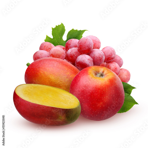 Mango, Apple and grapes isolated on white background.