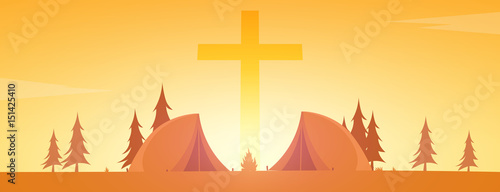 Christian summer camp. Evening Camping. Cross. Vector illustration.
