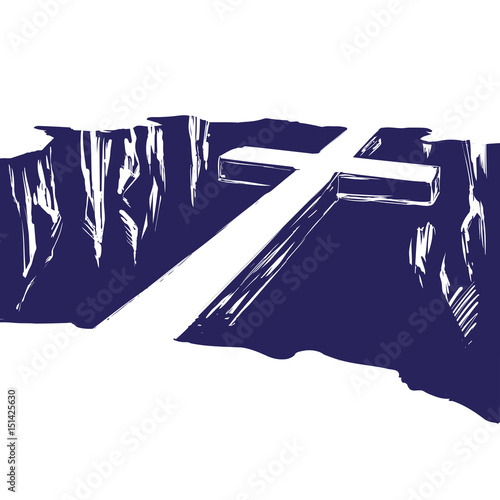 Christian wooden cross lying over the chasm, uniting us with God. Easter . symbol of Christianity hand drawn vector illustration