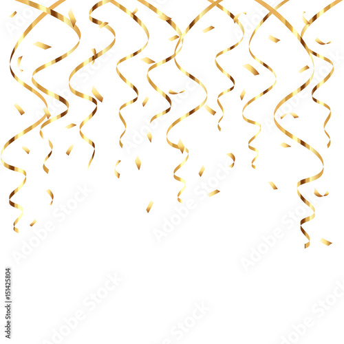 Holiday golden streamers and confetti on white background