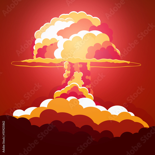 Nuclear Explosion. Cartoon Retro poster. Mushroom cloud. Vector illustration.