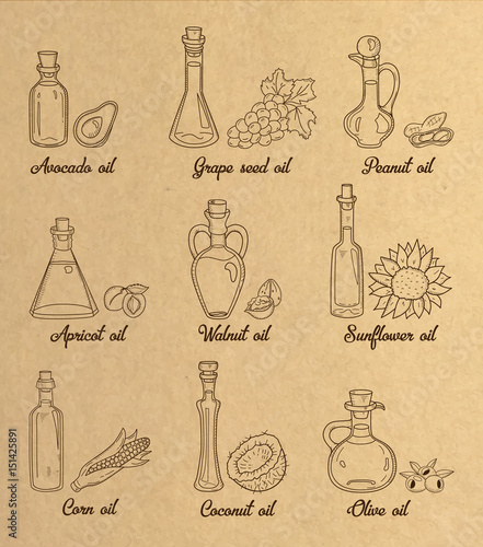 9 brown cooking oils in vintage sepia style. Retro hand drawn set of edible vegetable food oil. With origin products olive, apricot, corn, grape seed, walnut, coconut, avocado, peanut and sunflower.