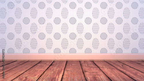 Empty living room with Easter eggs pattern wallpaper, golden skirting board and wooden floor. 3d render picture.