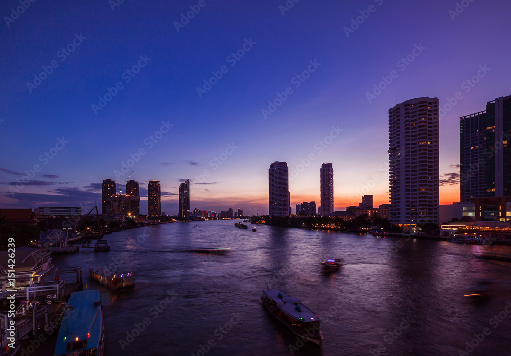 City, urban and river in the twilight