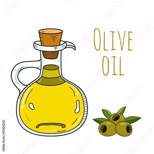 Colorful hand drawn olive oil bottle. Isolated cute decanter with healthy cooking oil and olives. Sketchy cartoon illustration for restaurant, organic shop. Glass jug with cork.