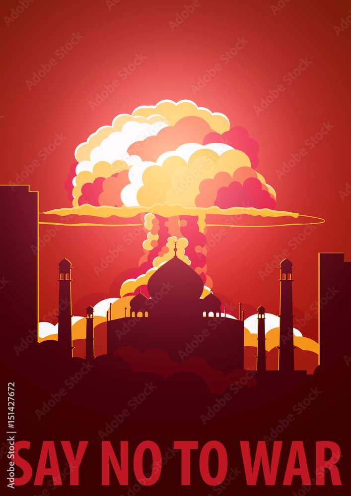Nuclear Explosion in the city. India Say no to war. Cartoon Retro poster.  Vector illustration. Stock Vector | Adobe Stock