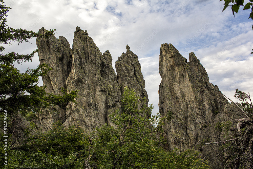 Panoramic view of the mountains and cliffs, South Ural. Summer in the mountains.