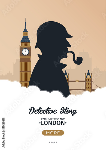 Sherlock Holmes poster. Detective illustration. Illustration with Sherlock Holmes. Baker street 221B. London. Big Ban.