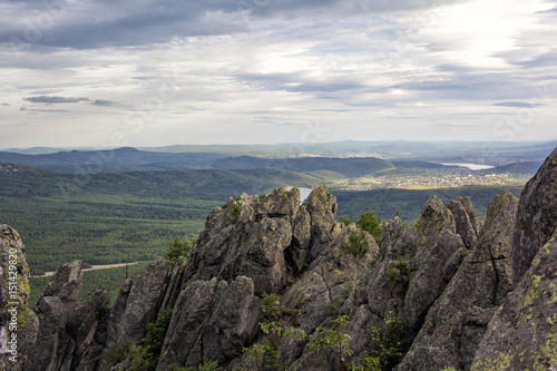 Panoramic view of the mountains and cliffs, South Ural. Summer in the mountains. © danilsneg