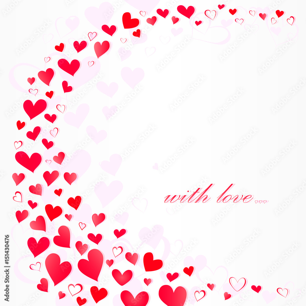 lot of pink hearts in wavy shape and with love You text on a white background, pink shadow,  square